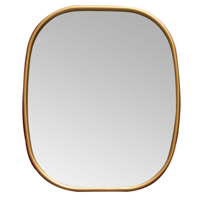 Petit miroir rectangle arrondi doré devant un fond blanc 