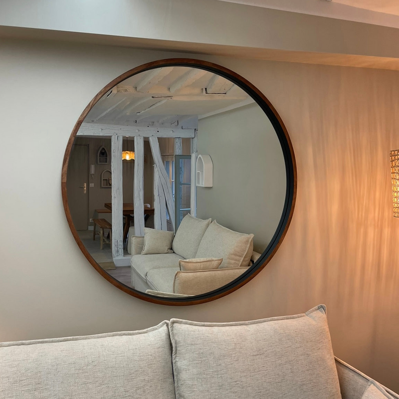 Grand miroir rond en bois