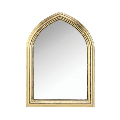 Mini miroir arrondi pointu doré devant un fond blanc 