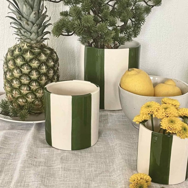 Pots  blancs à rayures vertes dans une ambiance grisée avec un ananas, un arbuste, des fleurs jaune et des citrons 