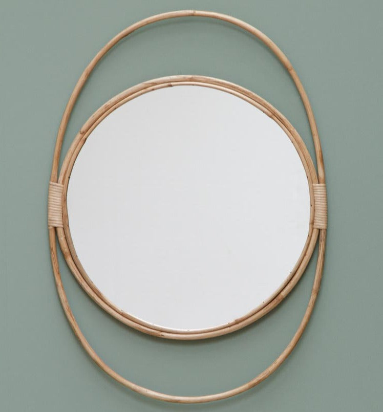 Miroir rond cadre ovale en rotin