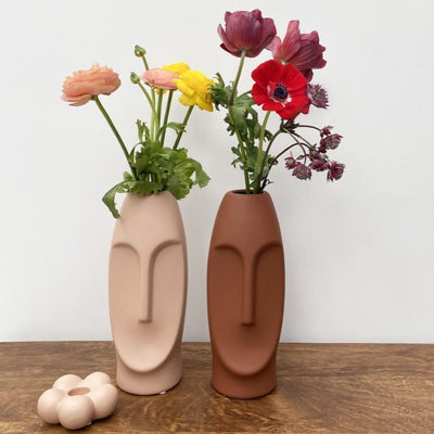 Vase visage terracotta avec des fleurs à l'intérieur 