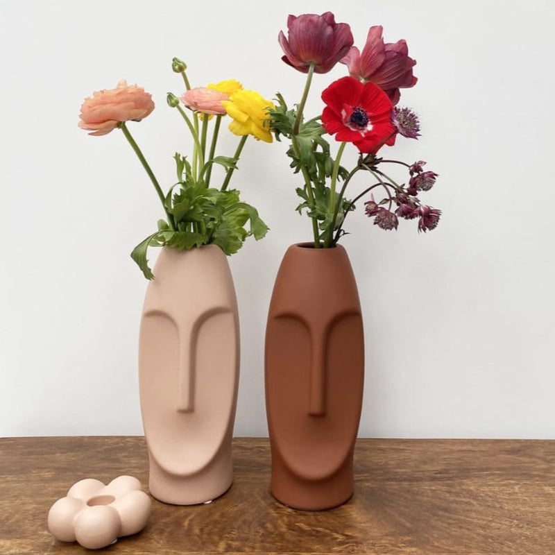 Vase visage terracotta avec des fleurs à l&
