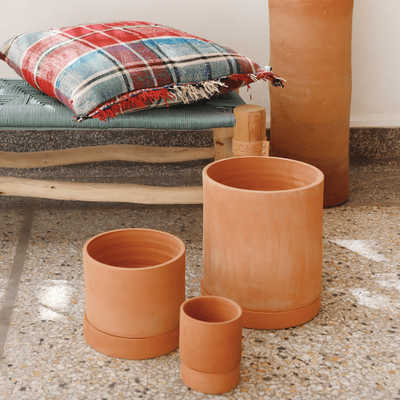 Pots en terre cuite posés sur le sol devant un banc en bois tissé bleu sur lequel est posé un coussin en tartan