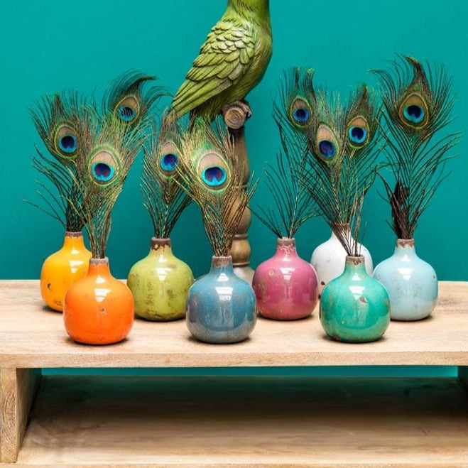Assortiment de vases céramique colorés dans lesquels sont posées des plumes de paon, le tout posé sur une table en bois